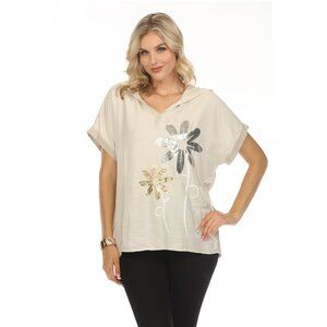 White Floral silver gold Print Hooded Top